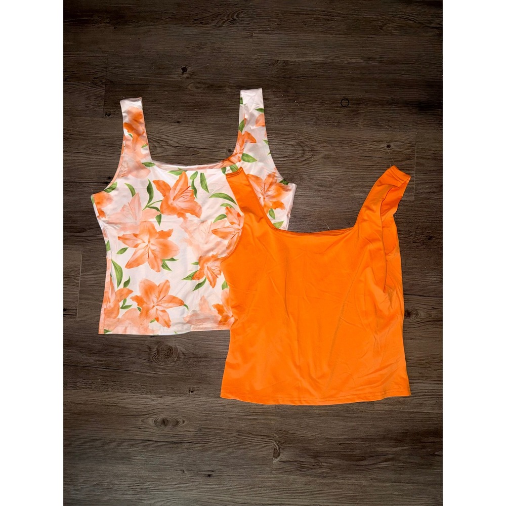 SHEIN Women XL Orange Floral & Solid Square Neck Tank Top Set 2 Pack
